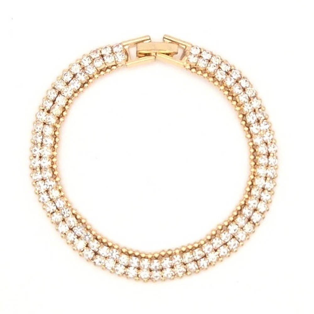 Gold Tone Tennis Bracelet Clear‎ Prong Set Crystal Double Row Fold Over Clasp